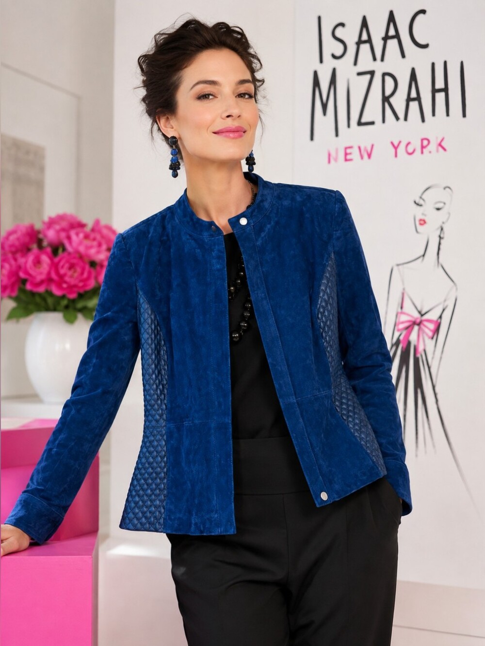 Isaac Mizrahi Live Suede Panel Bomber Jacket-Blue